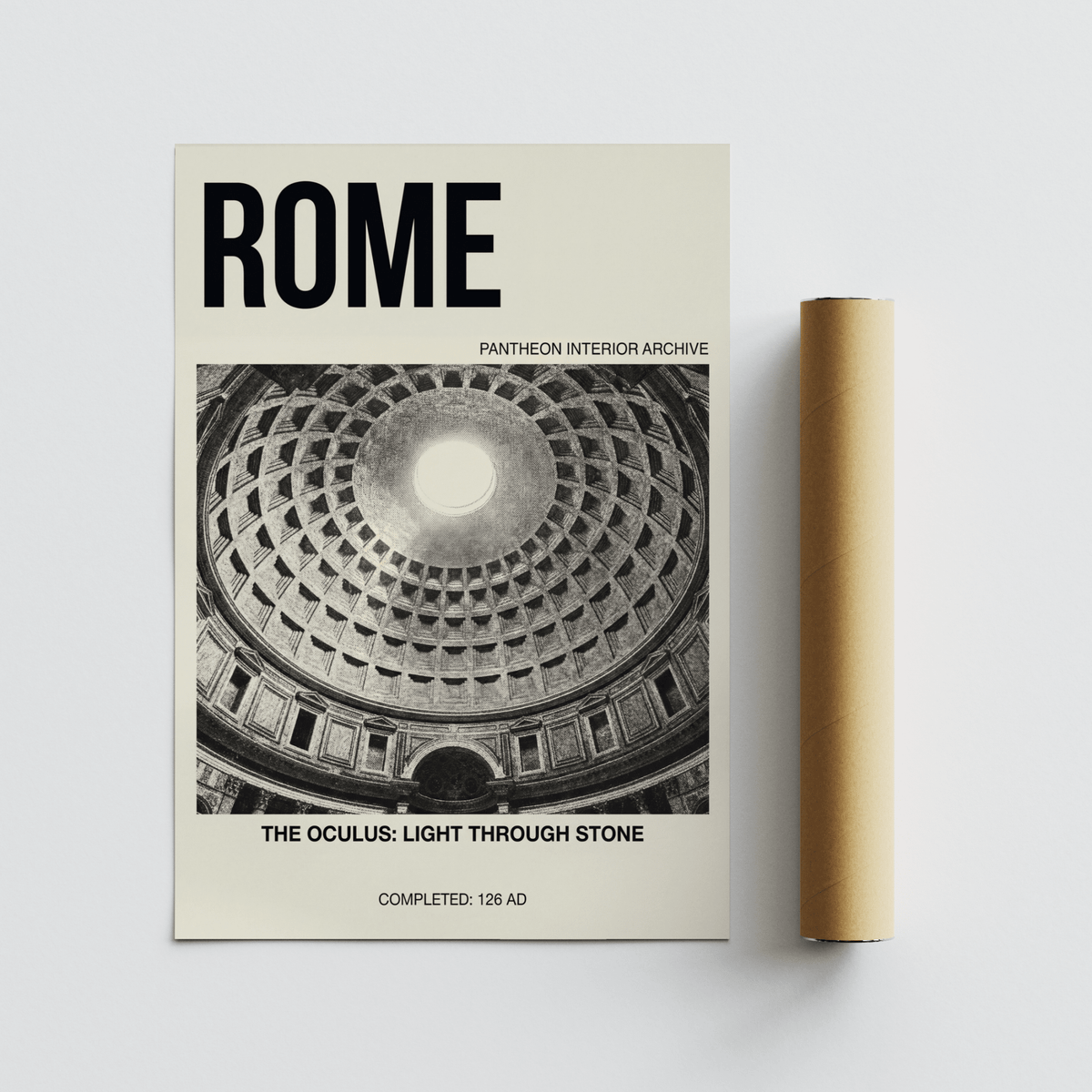 Pantheon Interior Poster flat print of the dome with oculus and text beside a brown packaging tube
