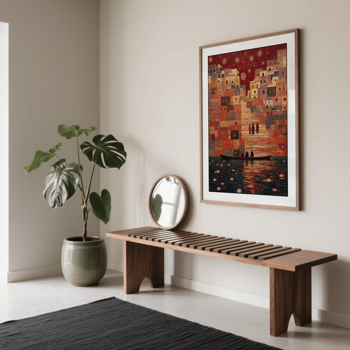 Print of Varanasi Art Print showing people on a boat by colourful stairs with a red sky in a modern room with bench and plant