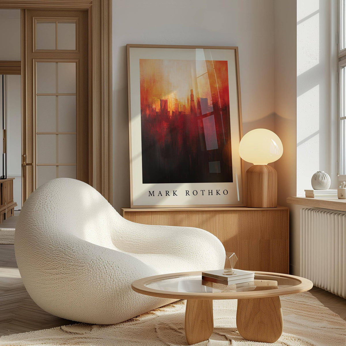 Framed California wall art leaning on a wooden cabinet with warm abstract orange and dark tones in a sunlit room