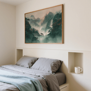 Tiger Landscape wall art featuring a misty mountain scene with a tiger silhouette above a bed