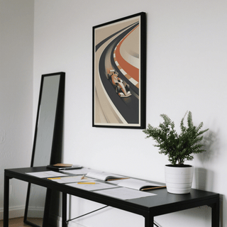 Vintage Motorsport Poster print of a retro formula race car on a curving track in a minimal office with a desk and plant
