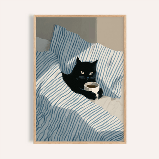 Cat In Bed Poster with blue, white, and black, perfect for bedroom wall art