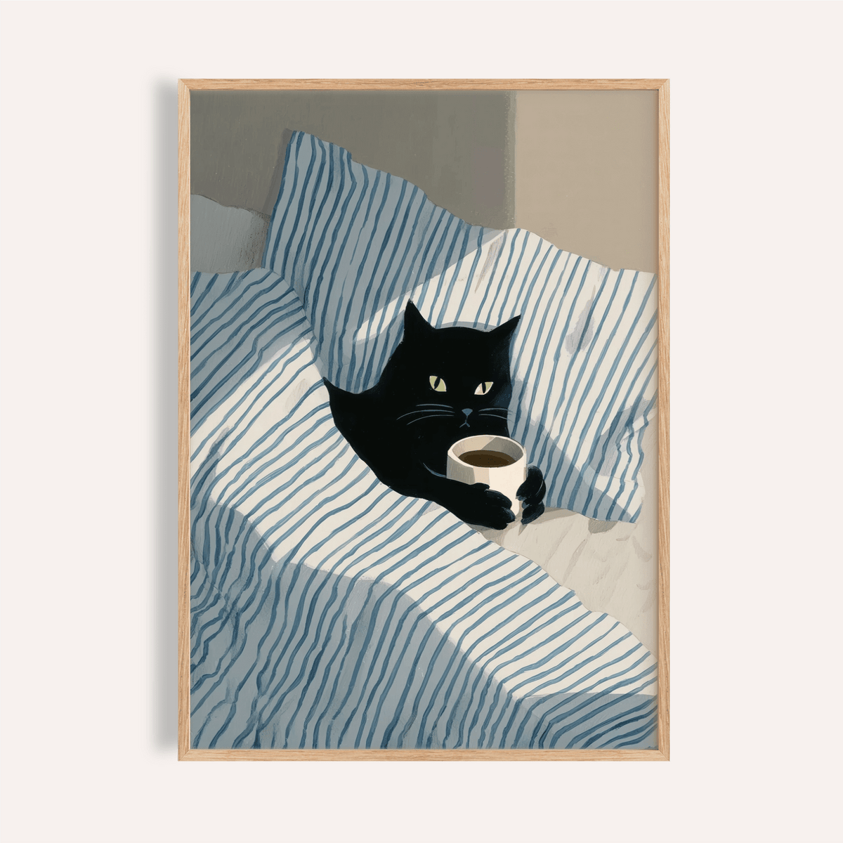 Cat In Bed Poster with blue, white, and black, perfect for bedroom wall art