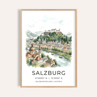 Framed Salzburg City Print of a watercolour Salzburg cityscape with green hills and river