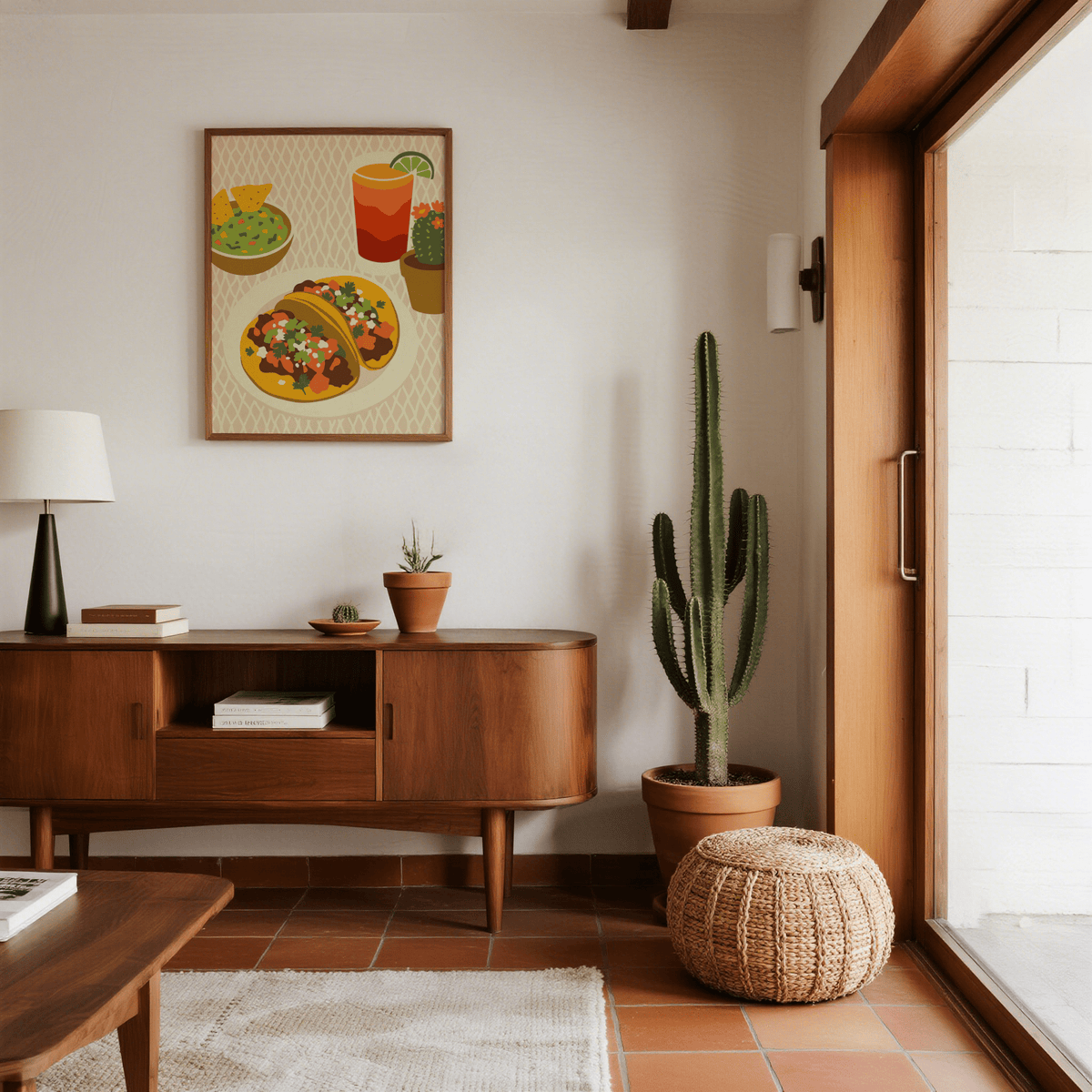 Tacos Art Print on a wall with a cactus and wooden sideboard in a living room