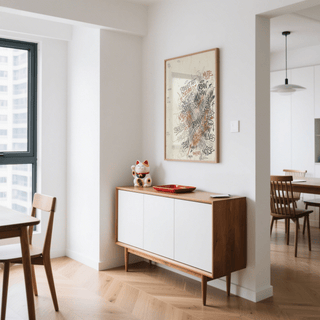 Urban Street Art Print of abstract graffiti text in muted colours above a sideboard in a minimalist dining room