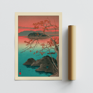 Momiji no Yuuyake print alongside a packaging tube showing autumn maple leaves in a Japanese woodblock style