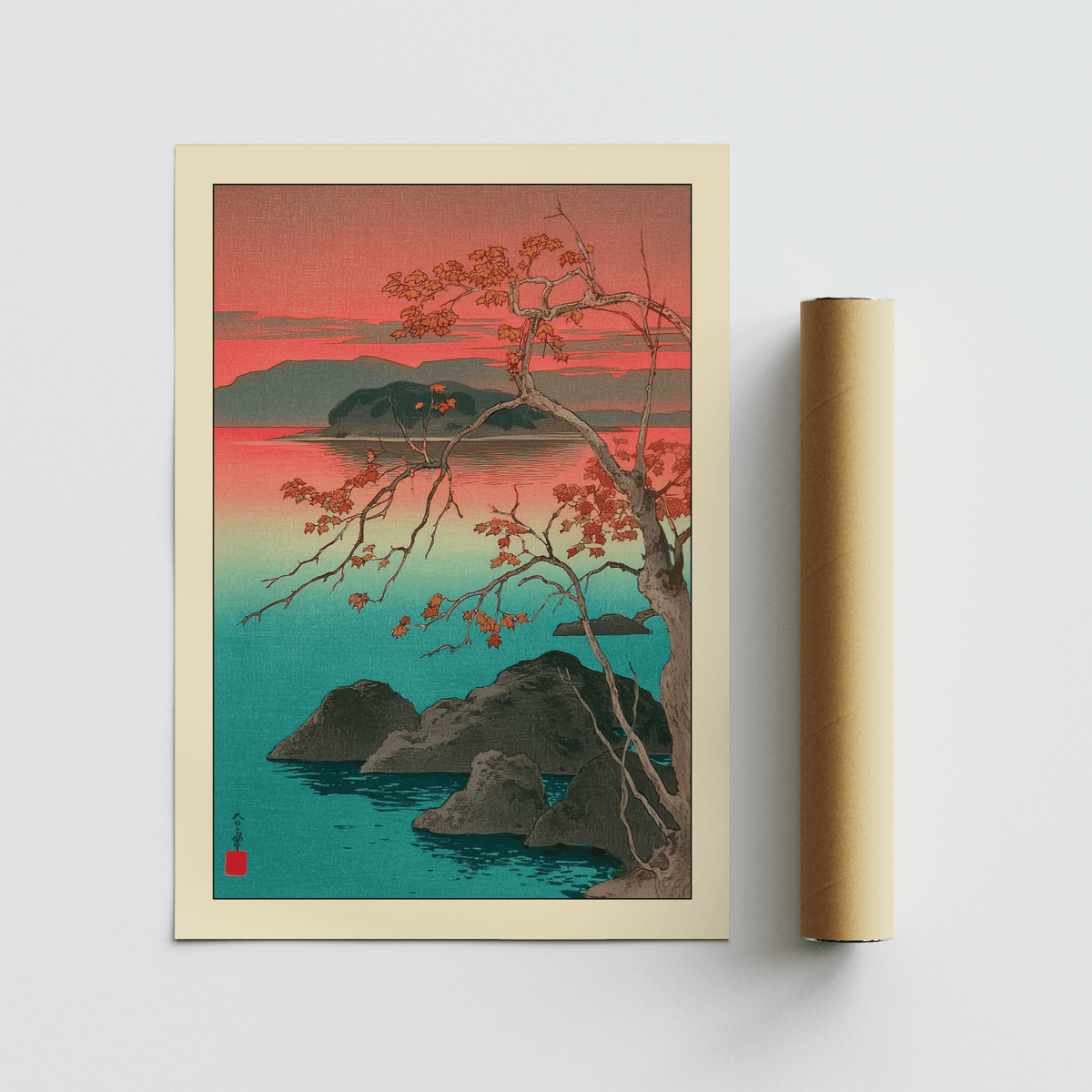 Momiji no Yuuyake print alongside a packaging tube showing autumn maple leaves in a Japanese woodblock style