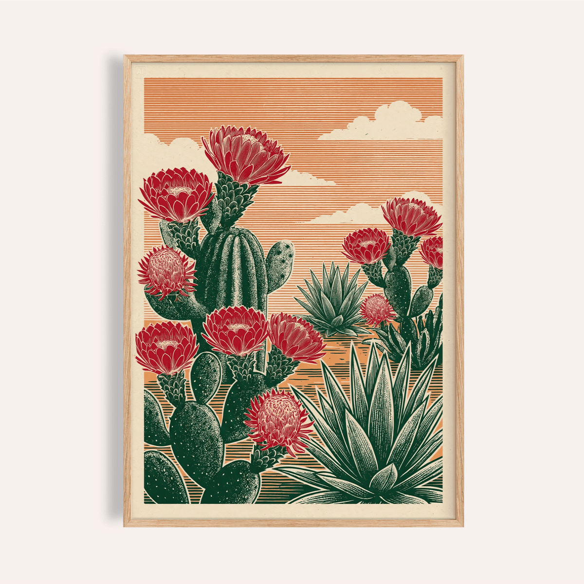 Framed Cactus Desert Art showing green cacti with red flowers and an orange sky background