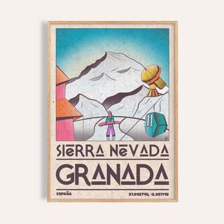 Framed Sierra Nevada art print of a retro style snowboarder in mountain with bright colours