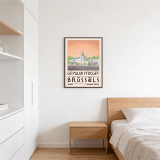 Art Deco Brussels Print illustrating palais stoclet building in pastel colours above a wooden bedside table