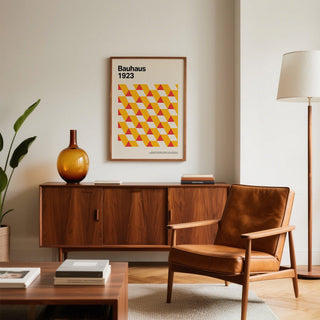 Art Posters Gallery framed print of geometric yellow and red triangles in a living room with leather chair