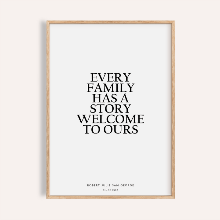 Personalized Family Poster framed print close-up with a minimalist black text quote on white background
