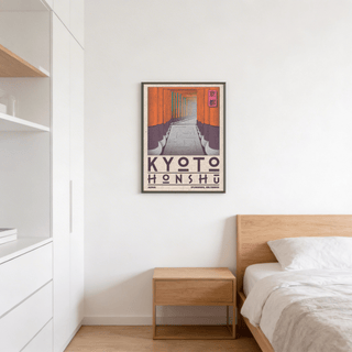 Kyoto Honshu wall art of vintage torii gate pathway in orange and purple above a bedside table