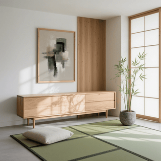 Neutral Wabi Sabi wall art with abstract blocks in soft greys and beige in a calm room with a bamboo plant