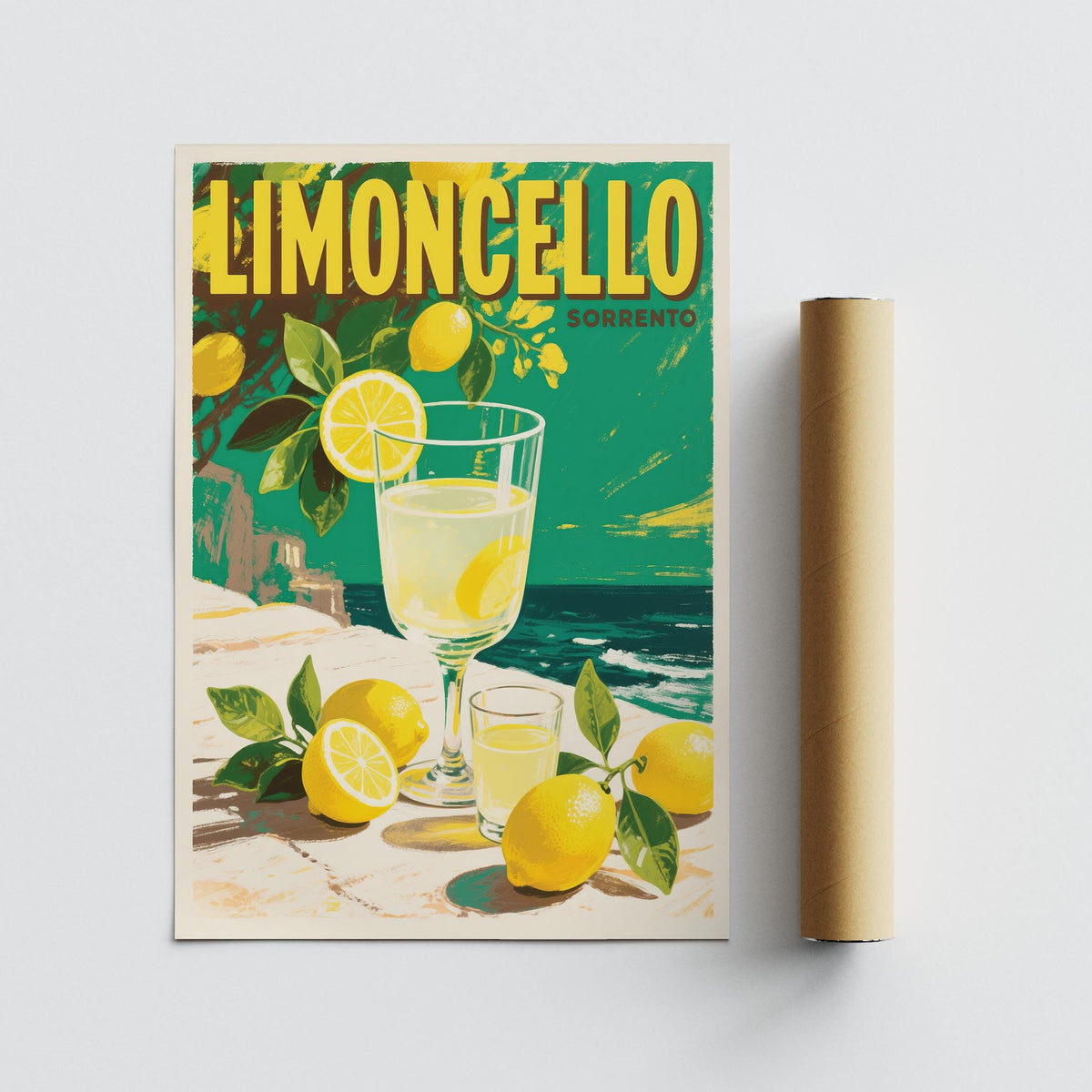 Rolled Drinks wall art of limoncello drink and lemons with a green sea background alongside a packaging tube