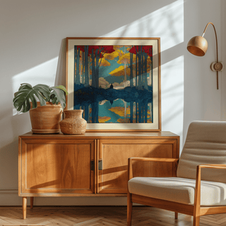 Framed print of Hasui Kawase Serene Nature wall art with red and yellow trees on a wooden sideboard in a sunlit room