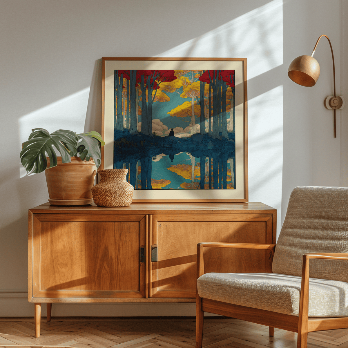 Framed print of Hasui Kawase Serene Nature wall art with red and yellow trees on a wooden sideboard in a sunlit room