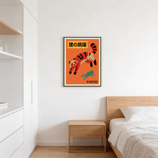 Colourful Cat wall art of a jumping red striped raccoon with a blue frog above a wooden bedside table