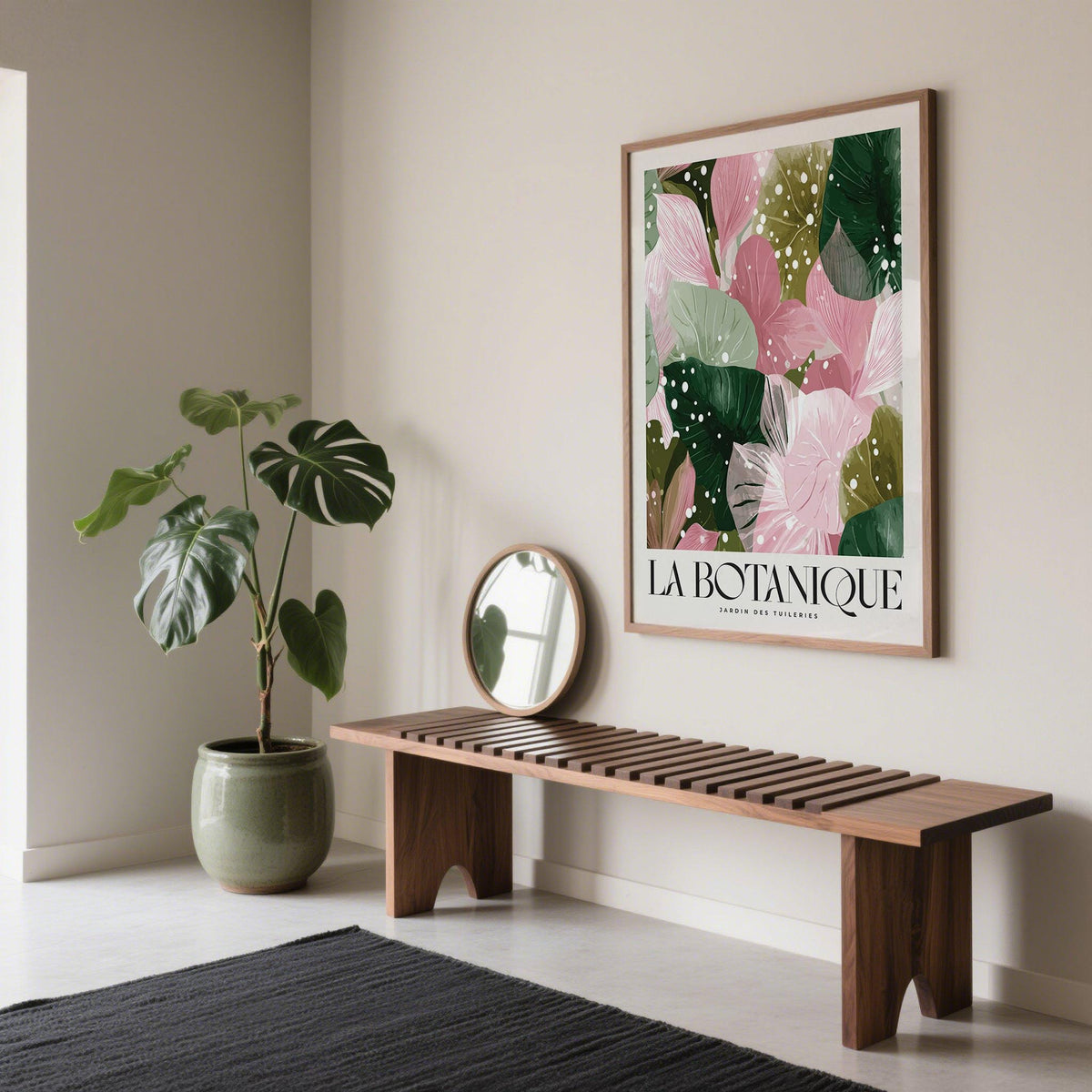 High Quality Art Prints showing botanical leaves in pink and green above a wooden bench in a living room