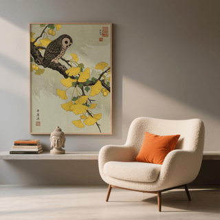 Owl and Ginkgo Print on a wall with yellow leaves and an owl perched on a branch near an armchair and Buddha bust