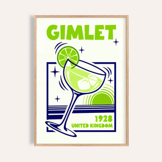 Framed Gimlet Cocktail Poster close-up with lime green and navy minimalist retro design