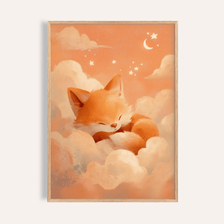 Framed print of a sleeping fox illustration in warm orange and cream tones