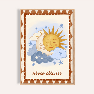 Moon and Sun print illustration with folk-art style in warm yellow and blue tones