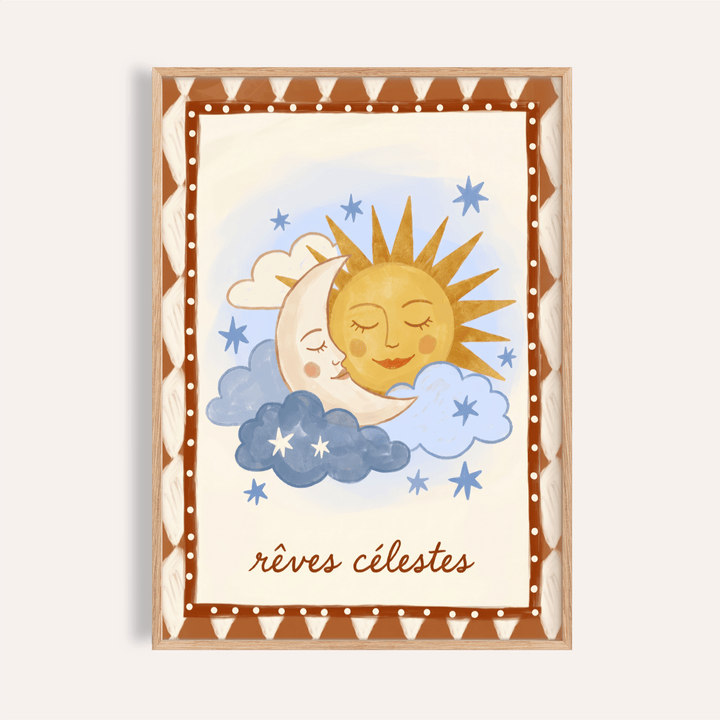 Moon and Sun print illustration with folk-art style in warm yellow and blue tones