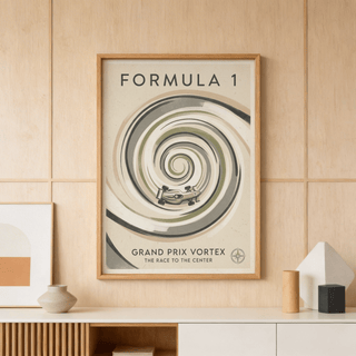 Close view of Vortex Race Track Poster highlighting spiral track rings and small racing car