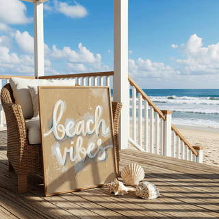 Beach Vibes wall art leaning on a wicker chair on a wooden deck with seashells