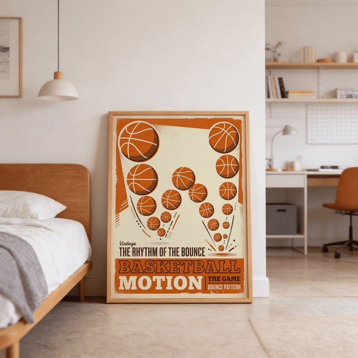 Vintage Basketball Motion Art print leaning on floor with orange chair nearby in a bedroom