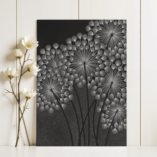 Dandelions wall art leaning on a white surface with white flowers beside it