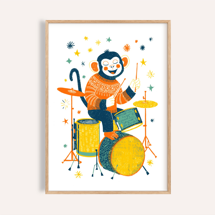 Framed print of Monkey Drummer Art Print with a monkey playing drums in orange yellow and green