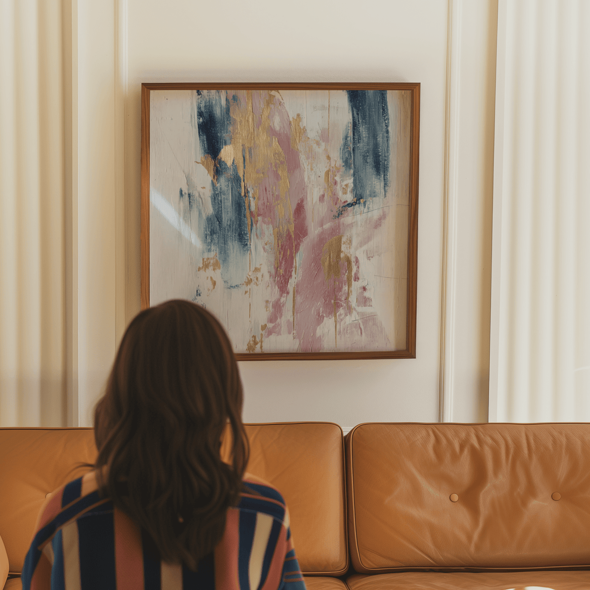 Pink abstract square art with navy and gold strokes above a tan leather sofa in a living room