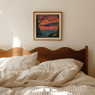 Framed Hasui Kawase Autumn Lake print of a lake with orange autumn trees above a wooden bed