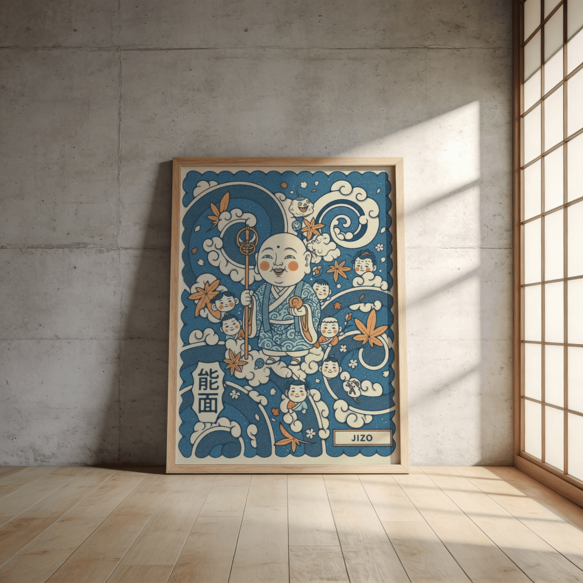Jizo Art print leaning against a grey concrete wall with soft natural light and shoji screen
