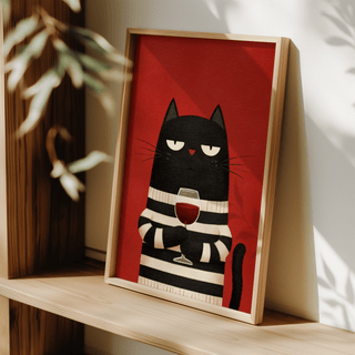 Framed Cat Wine Art leaning on a shelf showing a black cat in a striped jumper holding a wine glass