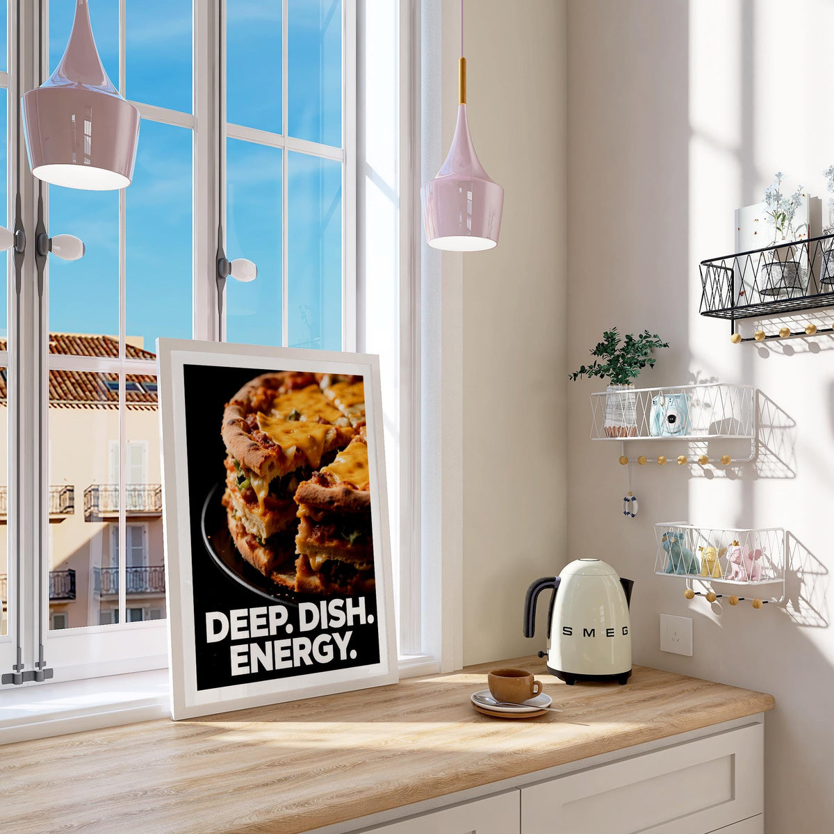 Print on a windowsill of a deep dish pizza stack with yellow cheese and text beside a cream kettle