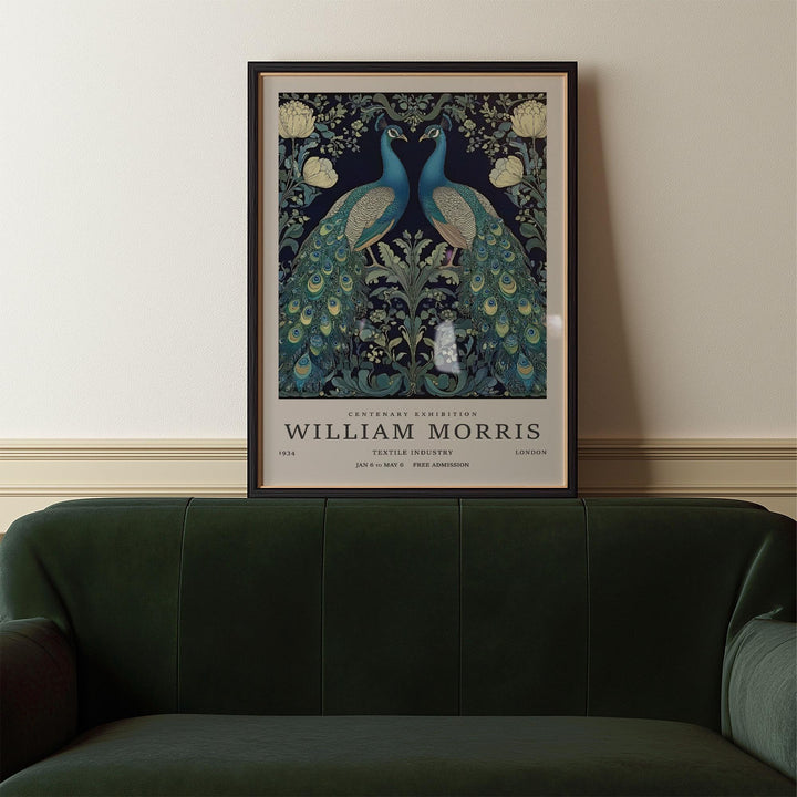 Large Peacock Wall Art framed close-up of two blue and green peacocks above a green velvet sofa