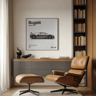 Detailed black and white classic car poster with unique number for entryway