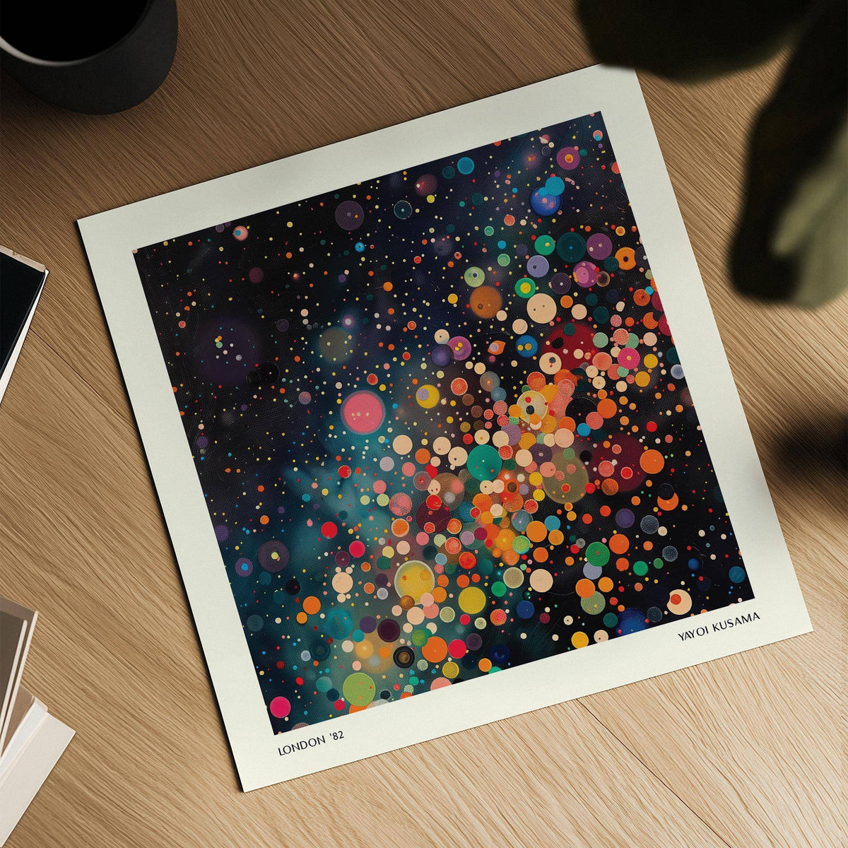 Galaxy Posters abstract minimalist artwork with colourful circles and dots on a wooden table
