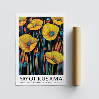 Poppies wall art flat print with yellow poppies alongside a brown packaging tube