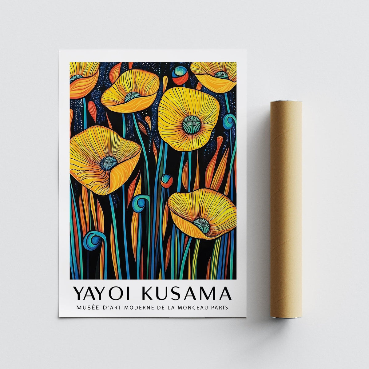 Poppies wall art flat print with yellow poppies alongside a brown packaging tube