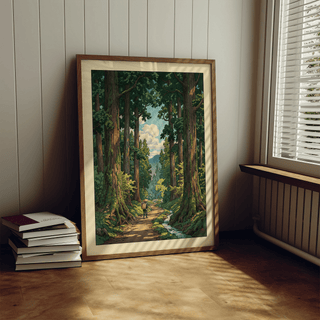 Forest Path wall art leaning on floor by window light next to stack of books