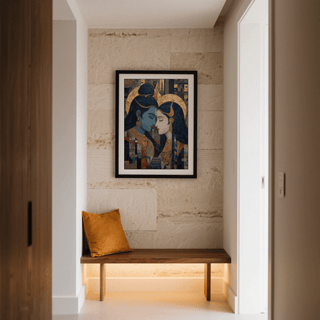 Pic Of Shiva And Parvati wall art in blue and gold hangs above a wooden bench with a mustard cushion in a hallway