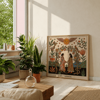 Print leaning on the floor of The Lovers Tarot Card Art with folk style and warm colours near green plants