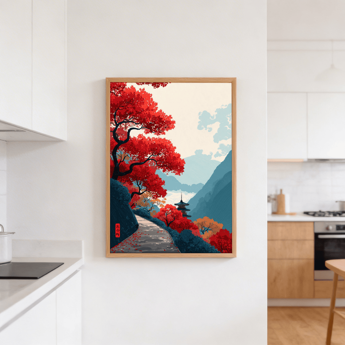 Zen Mountain Poster on wall showing a red maple tree on a mountain path in a kitchen