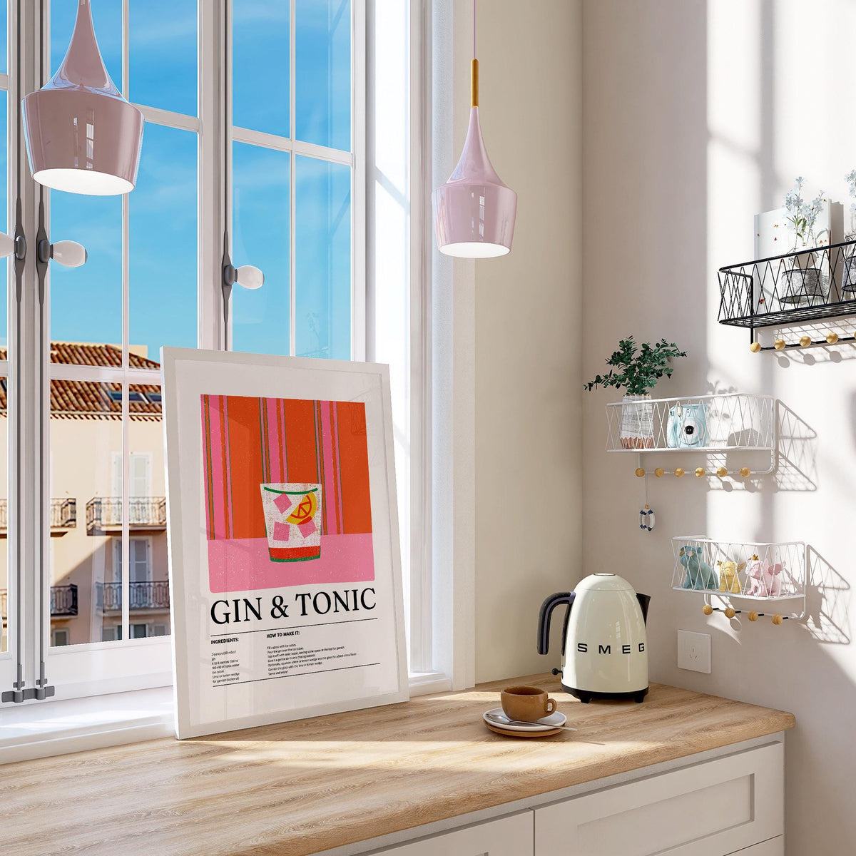 Kitchen art print of a gin and tonic cocktail with bright colours leaning on a window sill in a kitchen