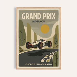 Framed Motorsport Circuit Print of a vintage race car on a road with trees and a large sun